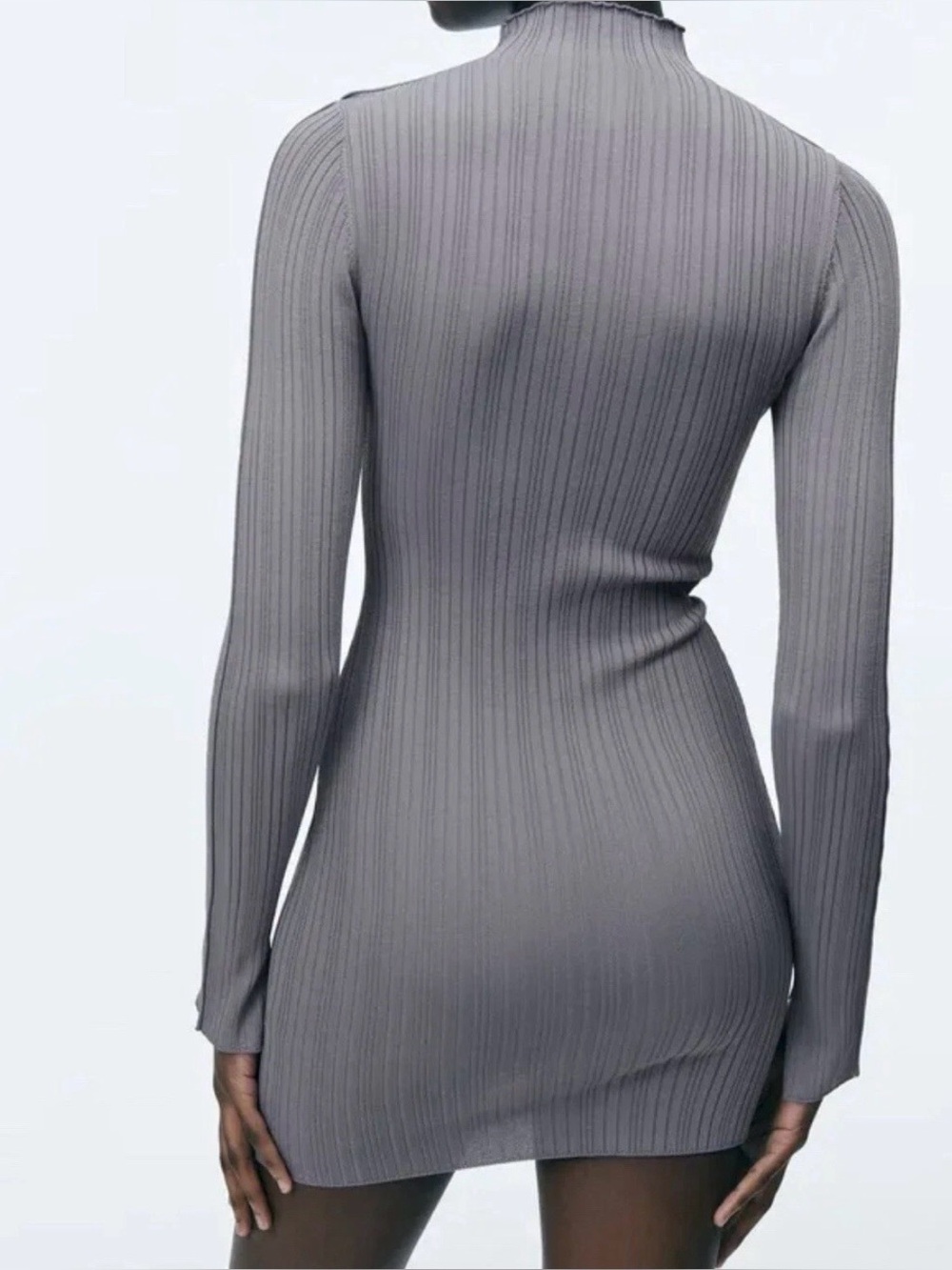 Zara Ribbed Knit Fitted Mini Dress Gray Size XS High Neck Long Sleeves - Picture 6 of 11